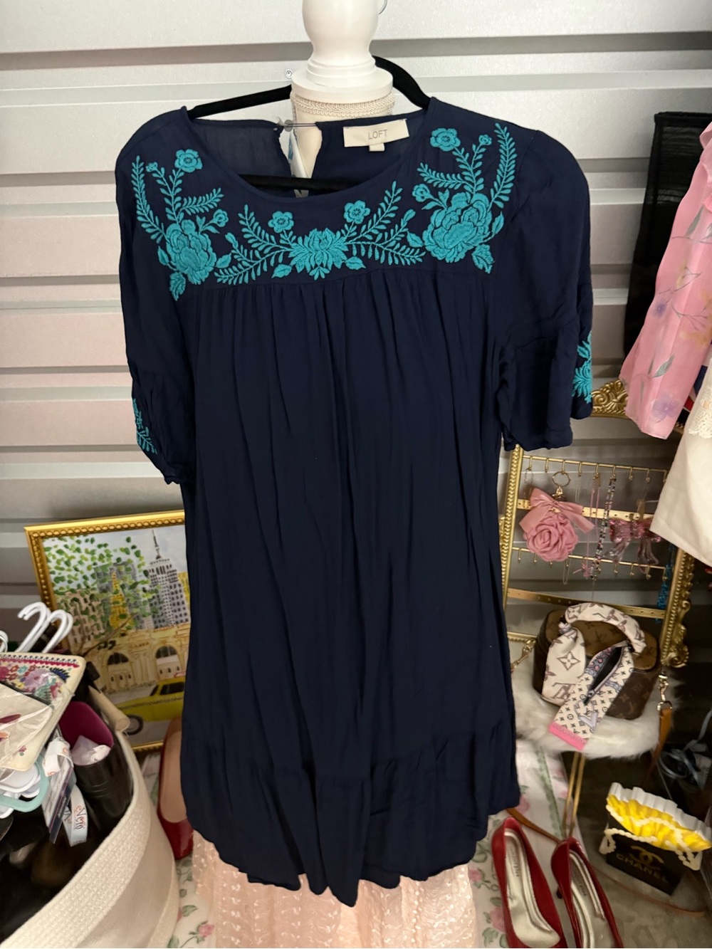 LOFT Navy Dress with Teal Floral Embroidery
